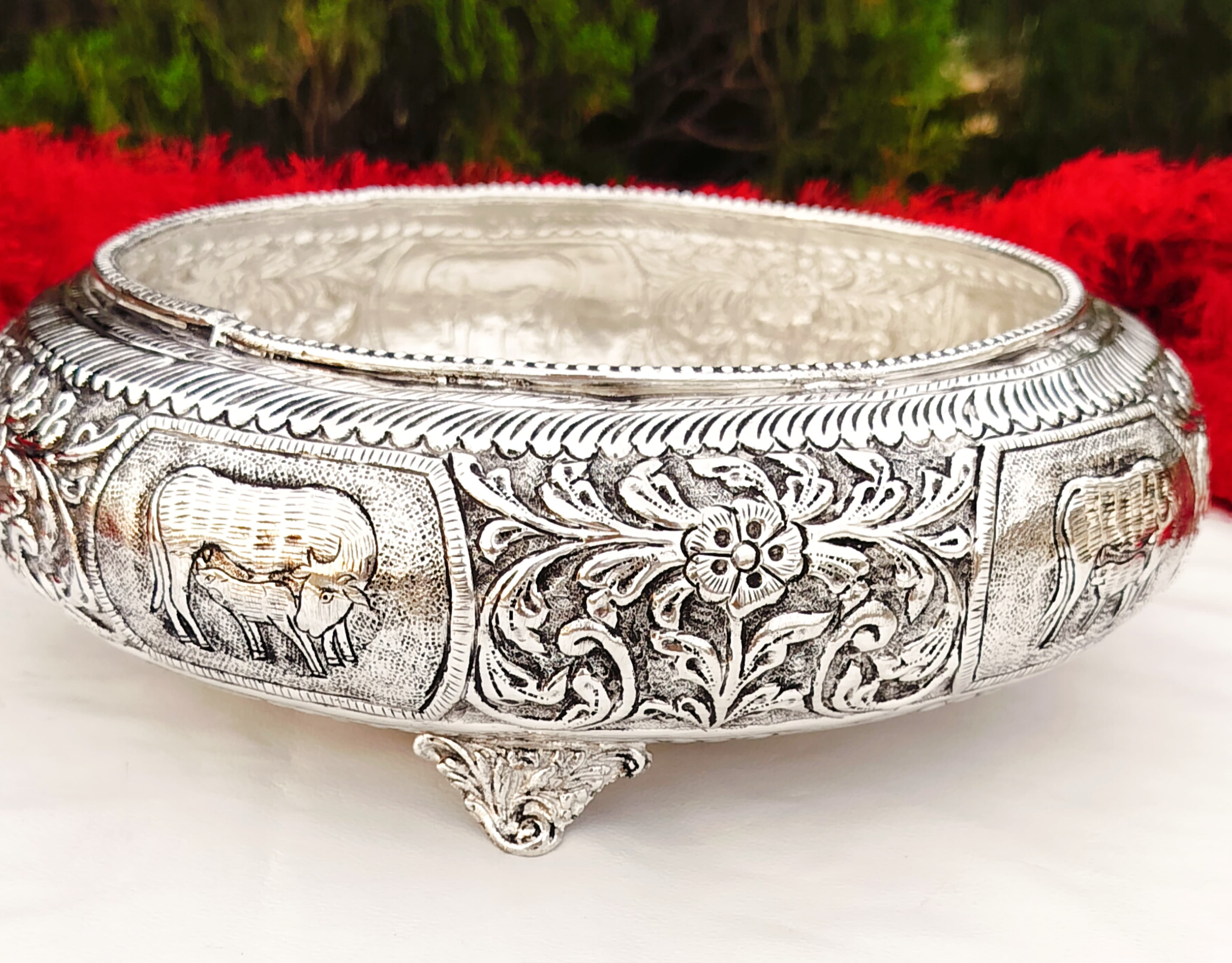 German silver cow and calf decorative bowl/urli with legs
